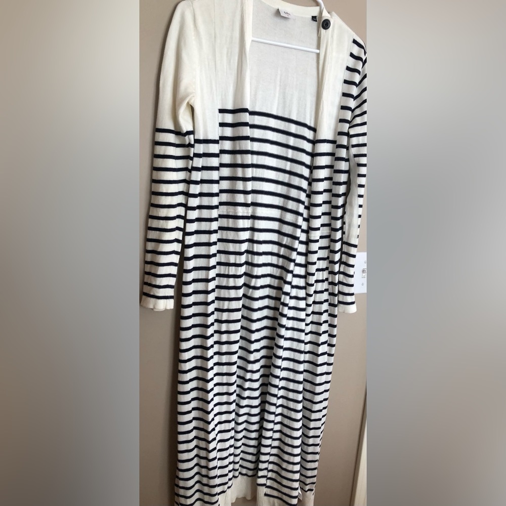CABI Navy & White Striped Long Sweater Jacket   Size S